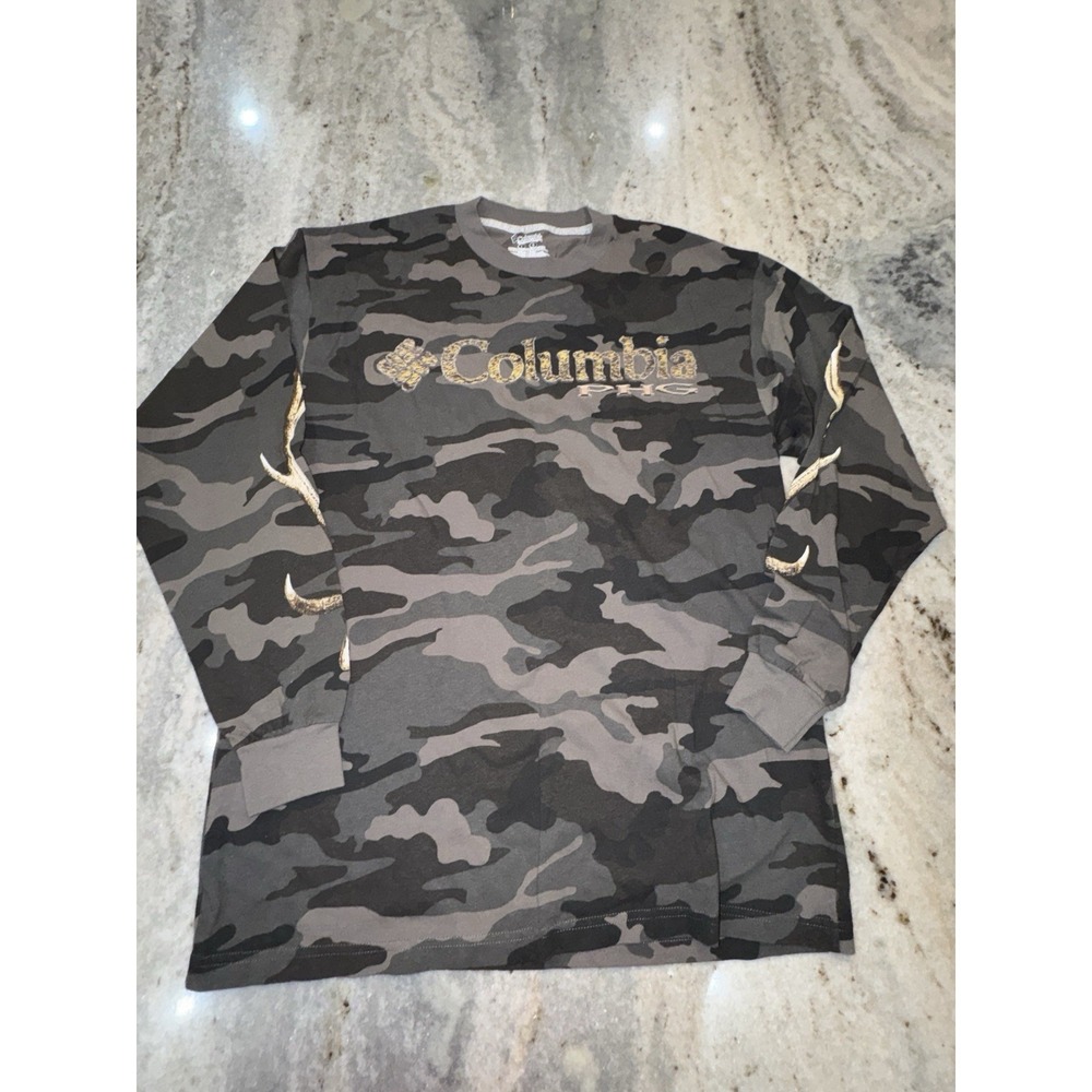 Columbia‎ Men's Large Long Sleeve T Shirt Black Camouflage Antlers Hunting Camo
